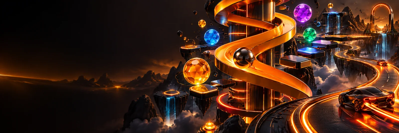 Universo 3D de jogos com torre em espiral, bolhas luminosas e pistas em laranja